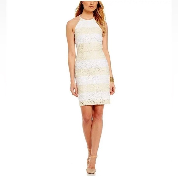 Katherine Kelly Gold & White Lace Sleeveless Halter Dress Sz 2 - Picture 1 of 12